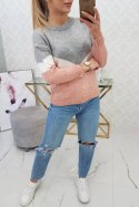 Sweter w geometryczne wzory szary+pudrowym róż