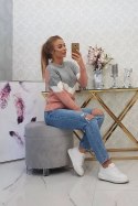 Sweter w geometryczne wzory szary+pudrowym róż