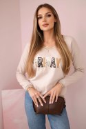 Bluza damska z napisem z cekinami beżowa