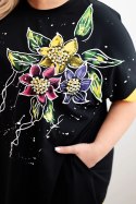 Bluzka damska Plus Size z kwiatowym wzorem i ozdobnymi perełkami żółta