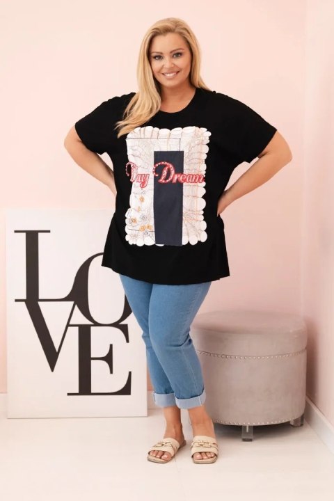 Bluzka damska bawełniana Plus Size z nadrukiem Day Dream czarny + granatowy