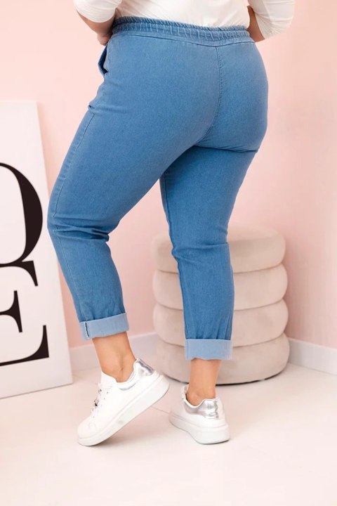 Spodnie damskie bawełniane Plus Size z elastyczną talią i wiązaniem jasno jeansowe