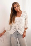 Sweter damski ażurowy letni z krótkim rękawem i kwiatowym wzorem ecru