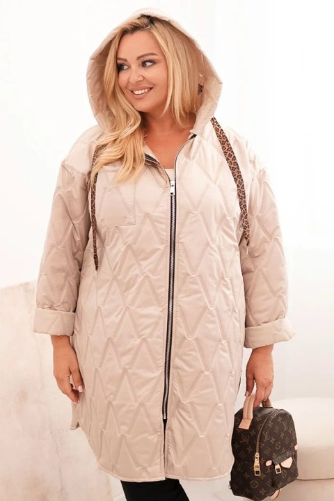 Kurtka damska Plus Size pikowana z kapturem i napisem HOPE ciemno beżowa