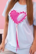 T-shirt damska bawełniana oversize z sercem i frędzlami niebieska