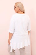 Bluzka damska Plus Size z bawełną z falbaną i rękawem podwijanym biała