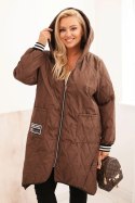 Kurtka damska Plus Size pikowana z kapturem i sportowymi mankietami czekoladowa