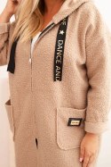 Płaszcz damski Plus Size ze sztucznego baranka z kapturem i kieszeniami camelowy