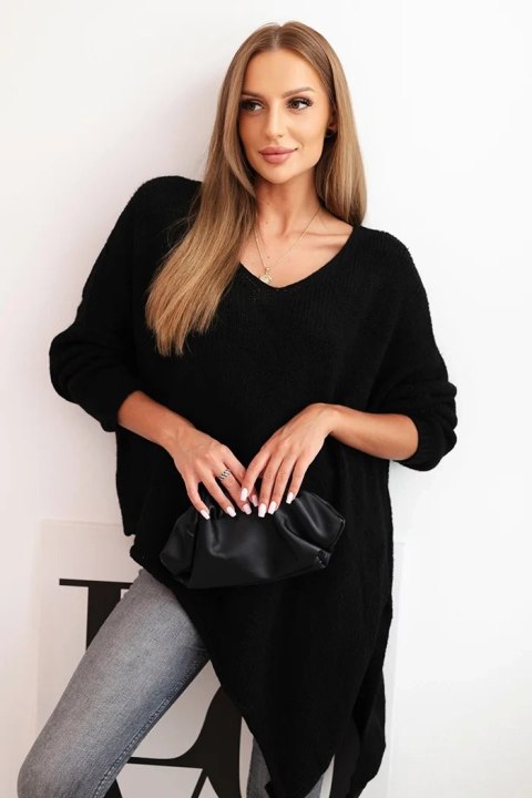 Sweter damski wełniany asymetryczny Plus Size z dekoltem V czarny