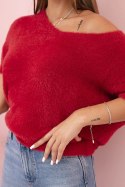 Sweter damski z miękkiego włosia z dekoltem V krótki rękaw bordowy