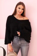 Sweter damski z moheru o luźnym kroju i dekolcie w serek czarny