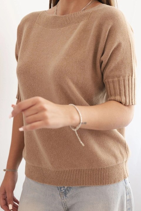 Sweter damski z wiskozy z krótkim rękawem camelowy