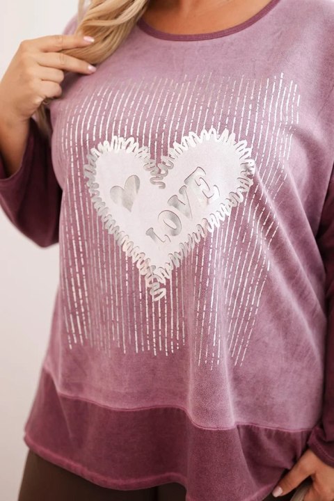 Bluza damska Plus Size bawełniana z nadrukiem serca i troczkami ciemno różowa