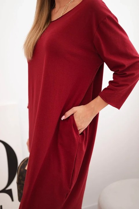 Sukienka damska Plus Size z bawełną o prostym kroju i rękawem 3/4 bordowa