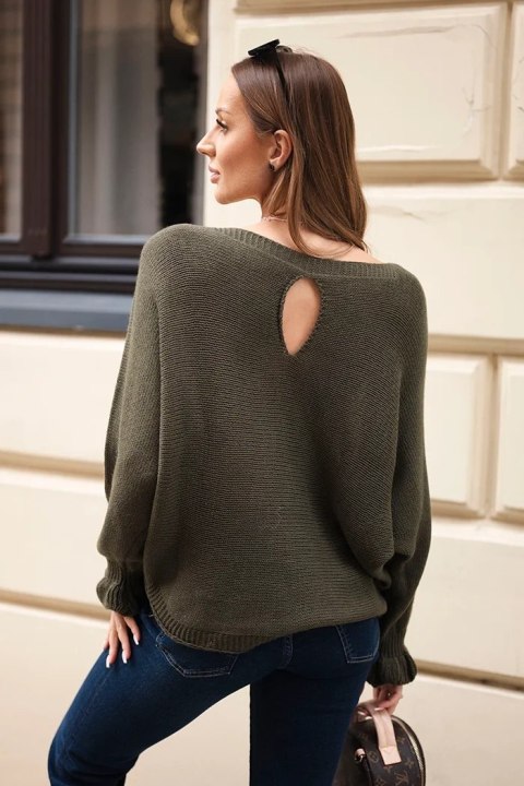 Sweter damska z moheru z marszczonymi rękawami i wycięciem na plecach khaki