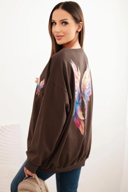 Bluza damska oversize z bawełny z kolorowymi skrzydłami na plecach brązowa