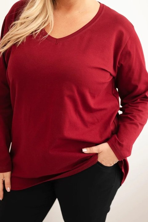 Bluzka damska Plus Size z dekoltem V i długim rękawem bordowa