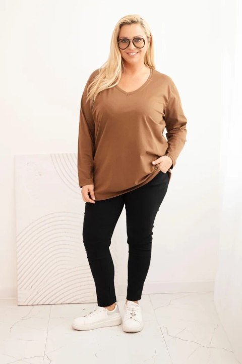 Bluzka damska Plus Size z dekoltem V i długim rękawem brązowa