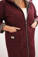 Kurtka damska zimowa pikowana Plus Size z podszewką w panterkę i kapturem bordowa