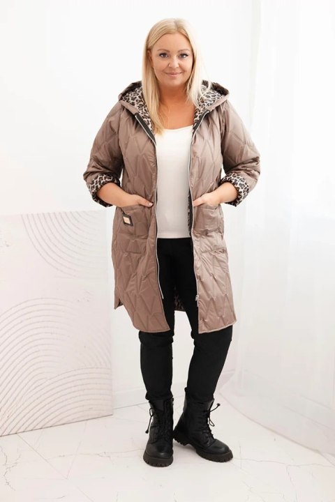Kurtka damska zimowa pikowana Plus Size z podszewką w panterkę i kapturem fango