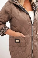Kurtka damska zimowa pikowana Plus Size z podszewką w panterkę i kapturem fango