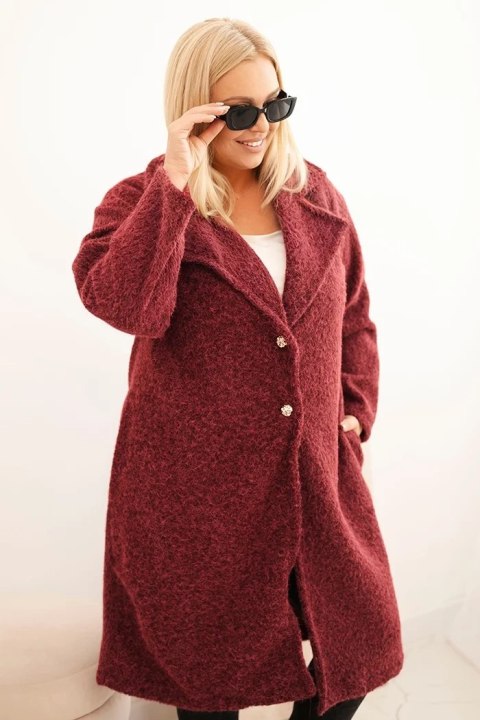 Płaszcz damski Plus Size z wełną i dużym kołnierzem bordowy