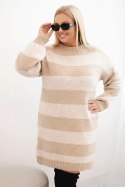 Sukienka damska swetrowa Plus Size w pasy beżowa