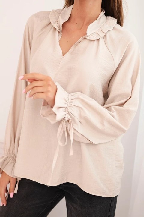 Bluzka damska z wiskozy z dekoltem V i wiązaniem przy rękawach beżowa
