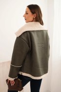 Kurtka damska Plus Size ocieplana z barankiem i guzikami krótki fason khaki