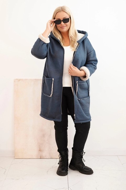 Kurtka damska Plus Size z kapturem i kieszeniami ocieplana barankiem jeansowa