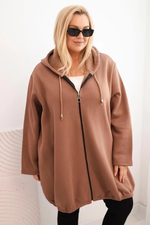 Bluza damska Plus Size ocieplana z kapturem i zamkiem brązowa