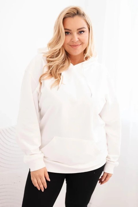 Bluza damska pętelkowa Plus Size bawełniana z kapturem i kieszenią kangurką biała