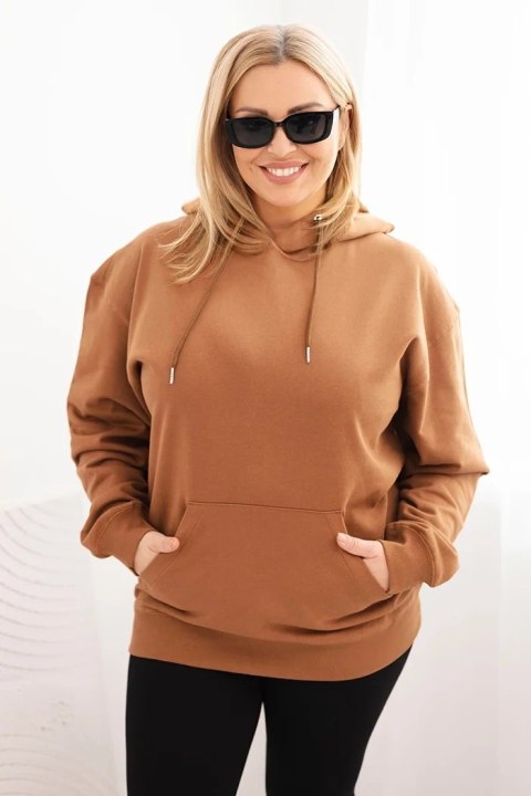 Bluza damska pętelkowa Plus Size bawełniana z kapturem i kieszenią kangurką camelowa