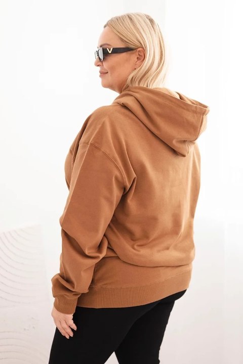 Bluza damska pętelkowa Plus Size bawełniana z kapturem i kieszenią kangurką camelowa