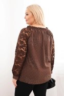 Bluzka damska Plus Size z koronkowym rękawem i ozdobnym dekoltem brązowa