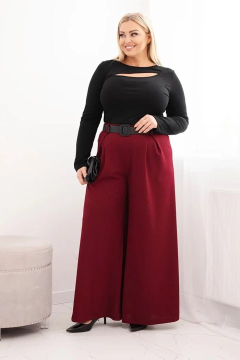 Spodnie damskie Plus Size z szeroką nogawką i paskiem bordowe