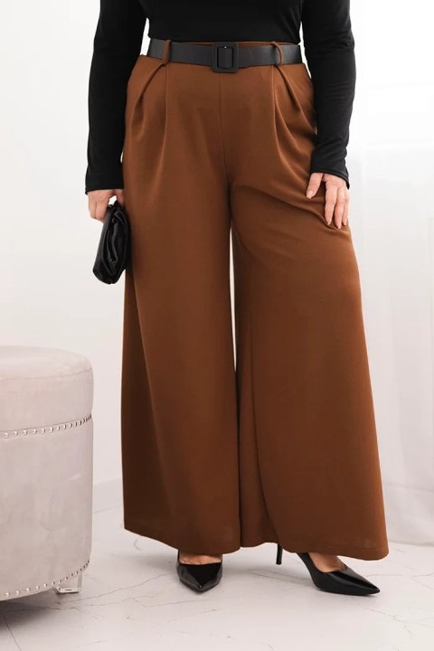 Spodnie damskie Plus Size z szeroką nogawką i paskiem czekoladowe