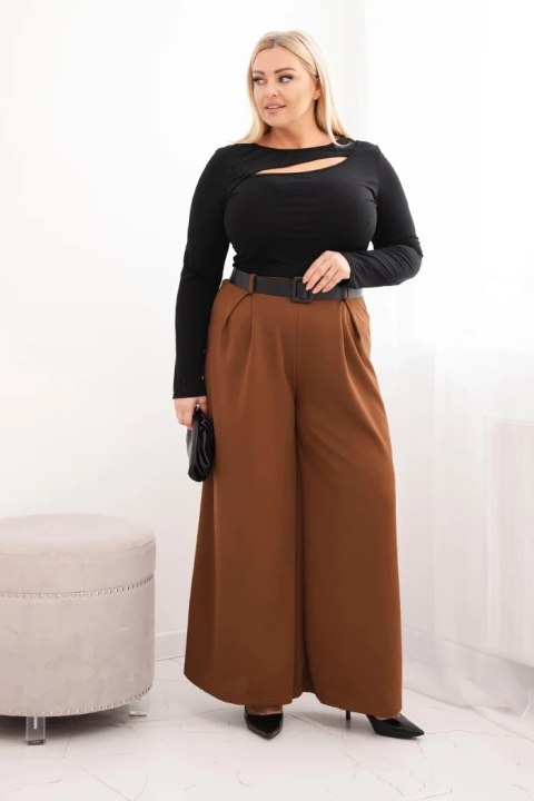 Spodnie damskie Plus Size z szeroką nogawką i paskiem czekoladowe