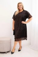 Sukienka damska Plus Size z cekinami i koronkowym wykończeniem brązowa