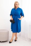 Sukienka damska z wiskozy Plus Size z guzikami i wiązaniem w talii chabrowa