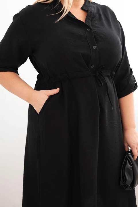 Sukienka damska z wiskozy Plus Size z guzikami i wiązaniem w talii czarna