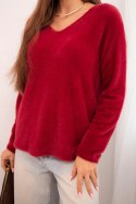 Sweter damski z miękkiej dzianiny z dekoltem V bordowy