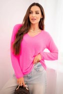 Sweter damski z miękkiej dzianiny z dekoltem V różowy neon