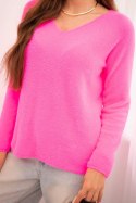 Sweter damski z miękkiej dzianiny z dekoltem V różowy neon