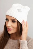 Czapka damska zimowa wełniana z cyrkoniami i wzorem K455 ecru