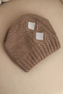 Czapka damska zimowa wełniana z cyrkoniami i wzorem K455 mocca