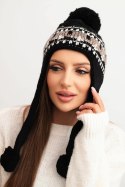 Czapka damska zimowa wełniana z nausznikami i pomponami K436 czarna + mocca