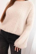 Sweter damski z moheru z bufiastymi rękawami beżowy