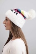 Czapka damska zimowa z wełną i napisem z dużym pomponem K422 biała
