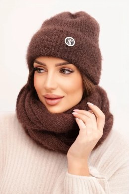 Komplet damski z czapką i kominem z miękkiej dzianiny brązowy